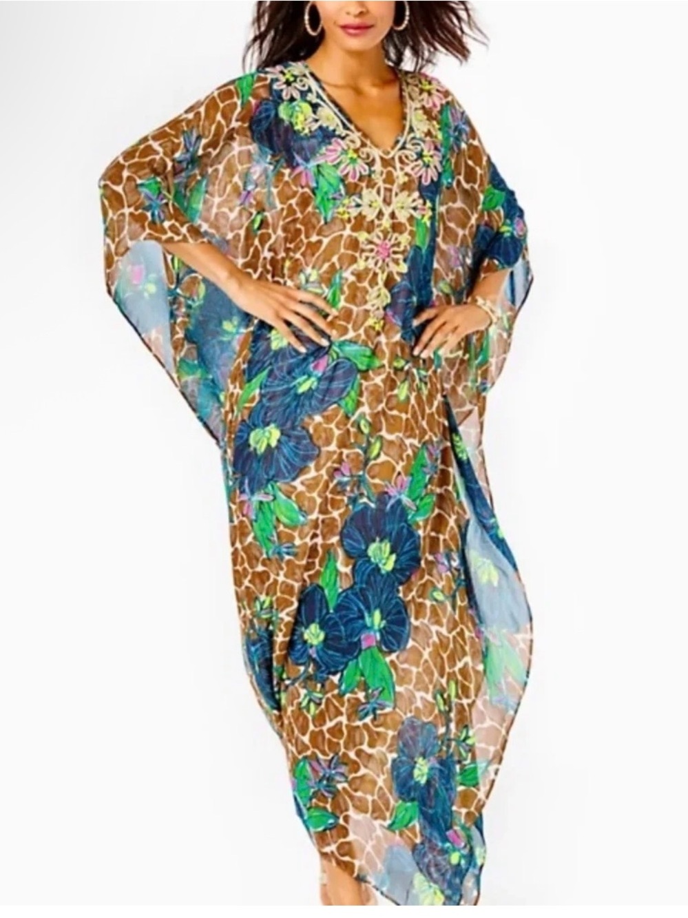 Lilly Pulitzer women’s size l/xl Rosia embroidered maxi caftan in toffee blooms